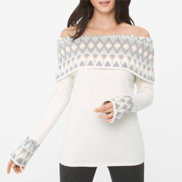 WHBM Cream Ecru Fair Isle Off-the-Shoulder Sweater Wool Blend XS NWT Holiday - Picture 1 of 7